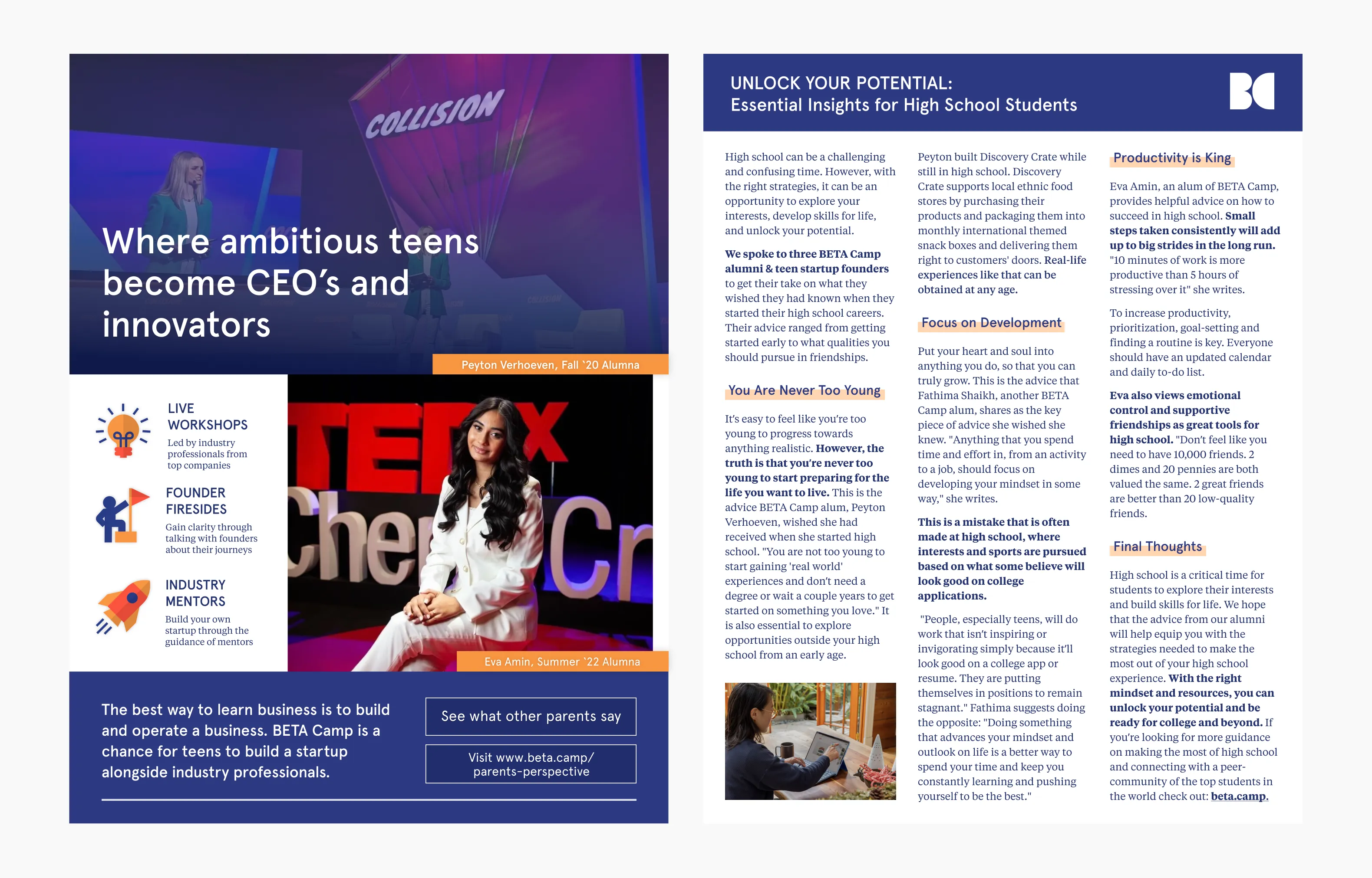 BETA Camp marketing collateral — a landing layout beside a two-page newsletter for high school students.