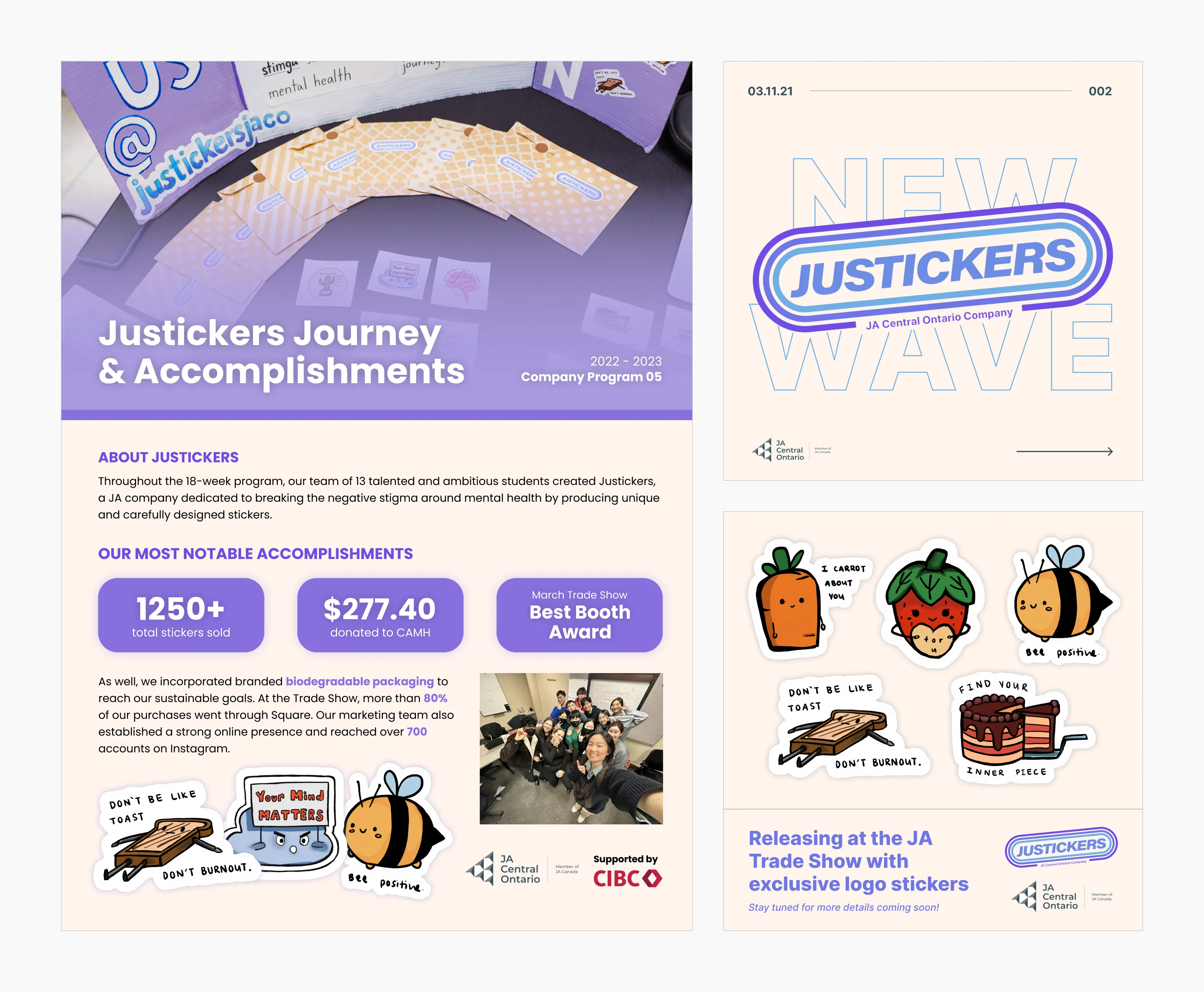 Justickers brand collateral — a Journey and Accomplishments one-pager, a New Wave launch slide, and the illustrated sticker set.