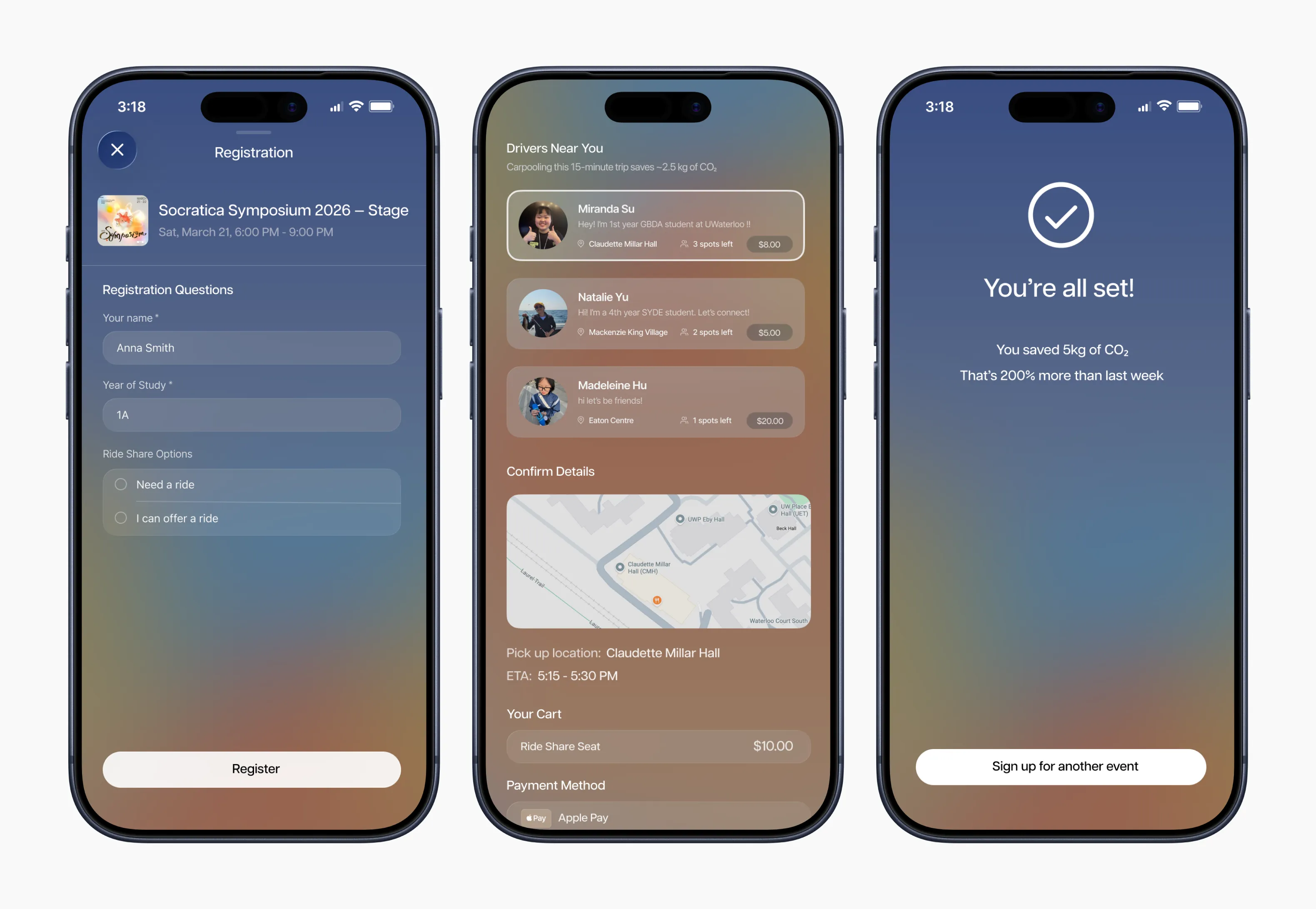 Three phone screens from Rideshare for Luma — event registration, nearby drivers to carpool with, and a confirmation showing the CO2 saved.