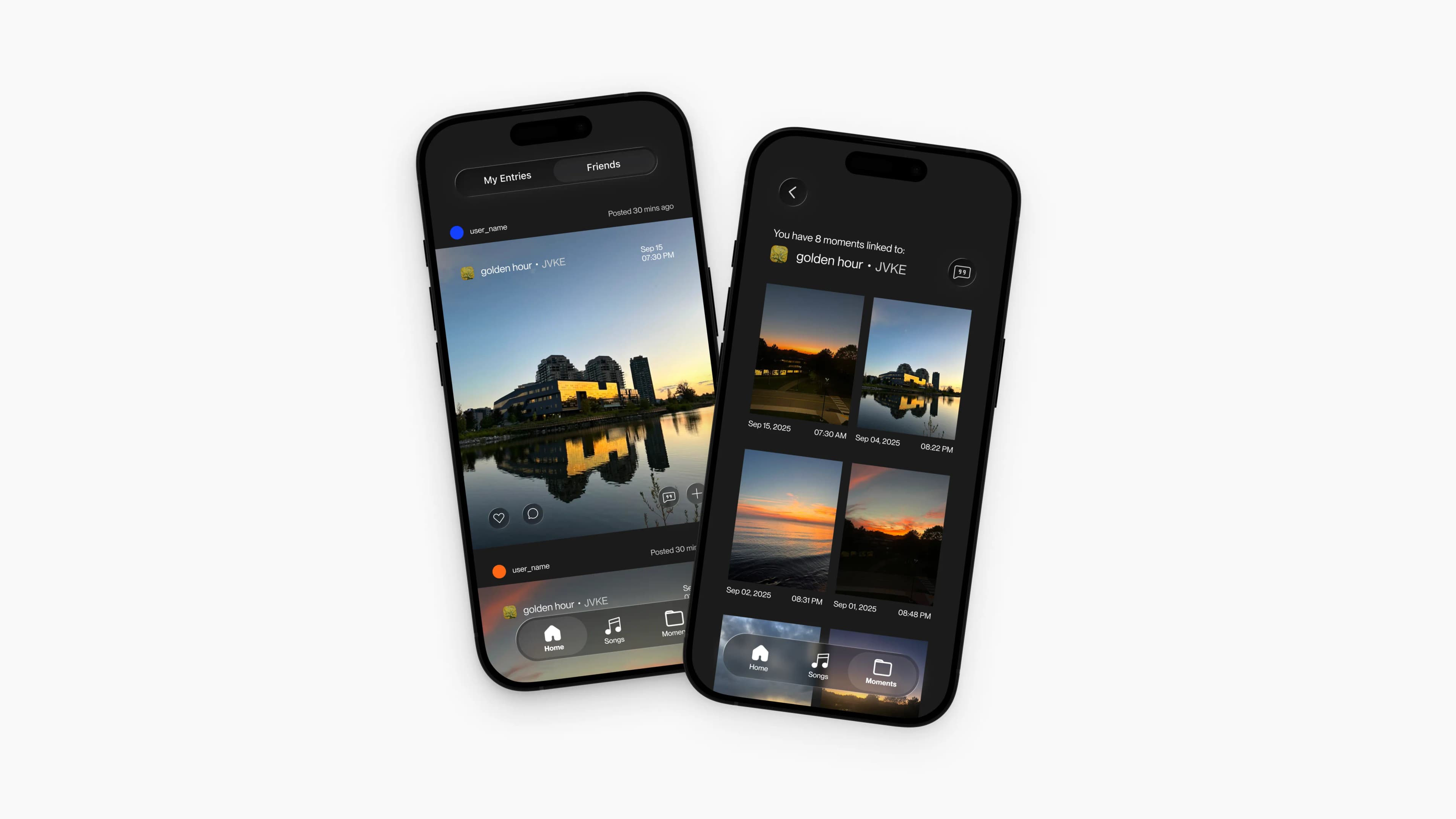 Two phones showing Frames — an entries feed with a photo tagged golden hour by JVKE, and a grid of the eight moments linked to that song.