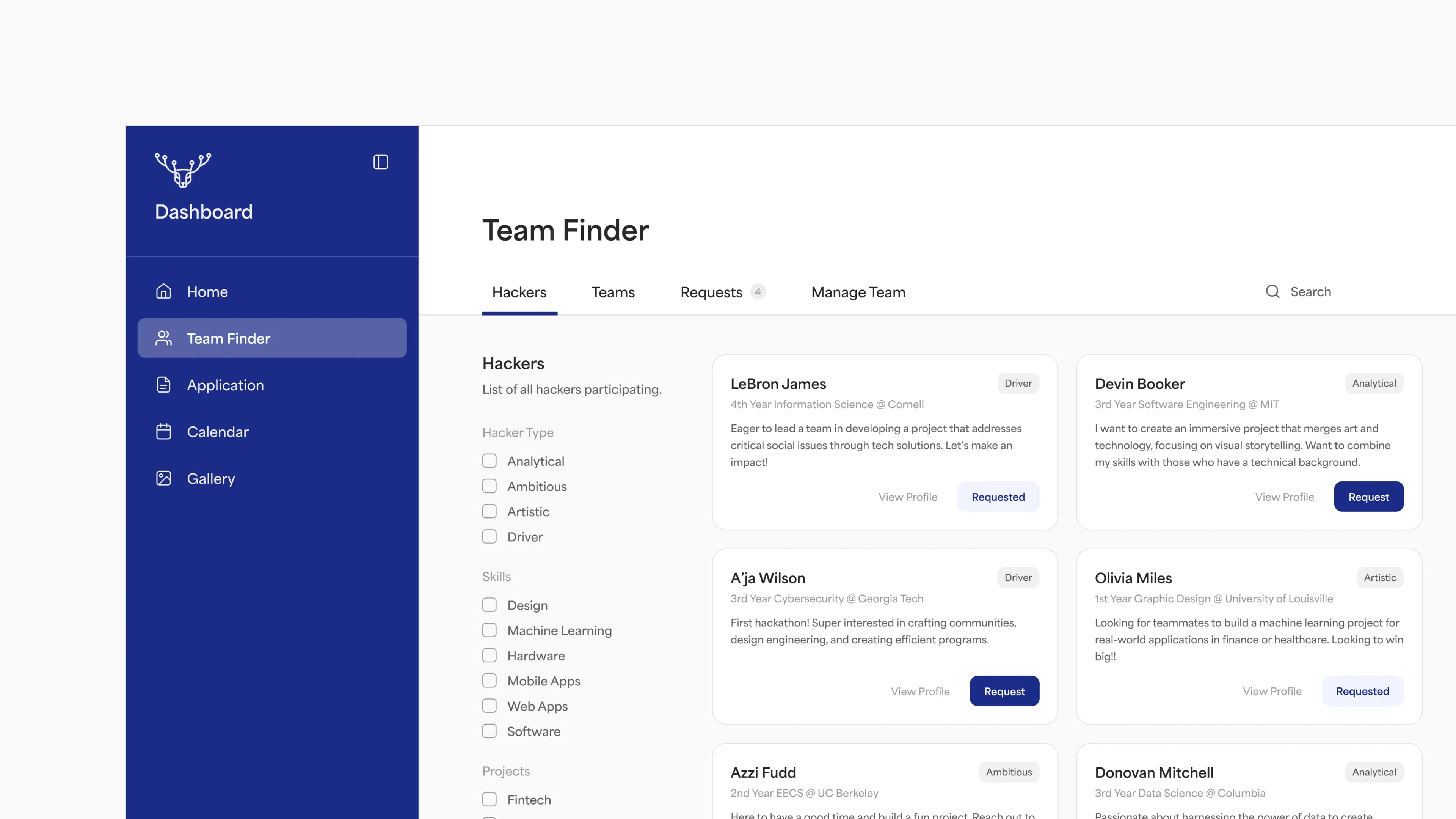 The UofTHacks hacker portal Team Finder screen — a deep navy sidebar beside a list of hacker profile cards with type and skill filters.