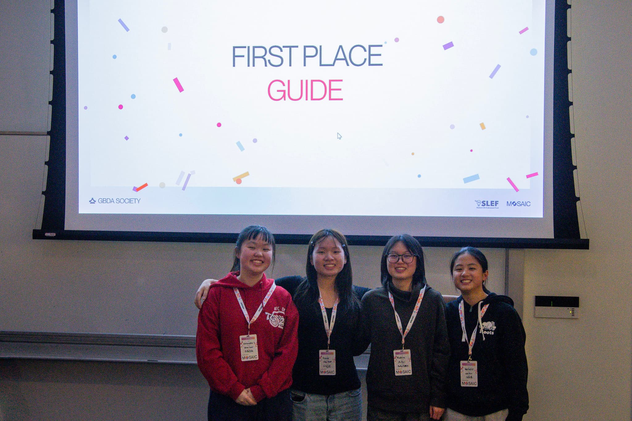 Four of us posing beneath a First Place Guide presentation slide.