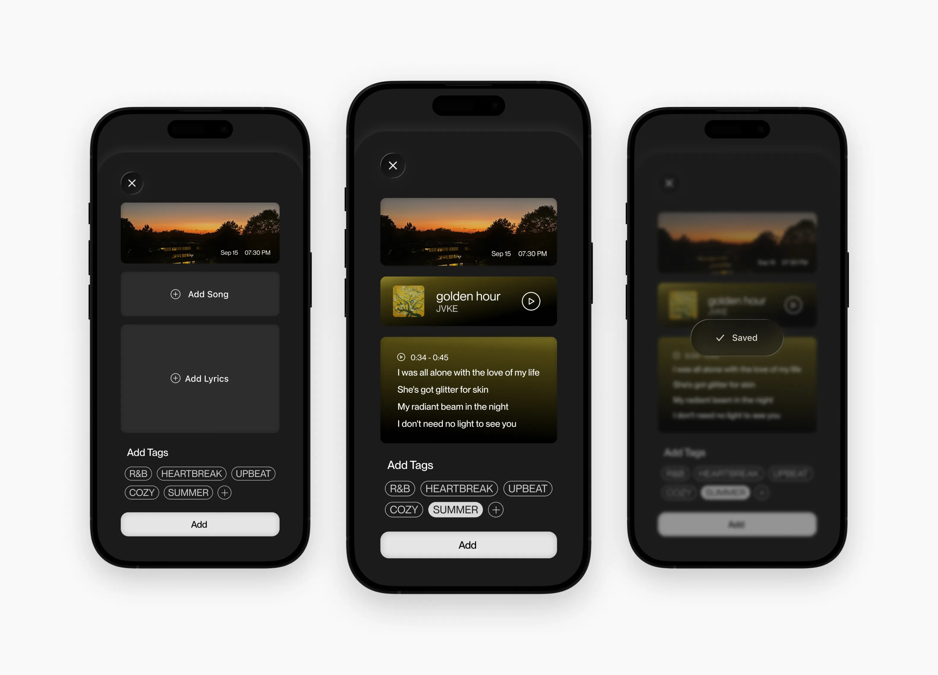 Three phones showing a new entry being made — adding a song and lyrics to a photo, tagging it, then the saved confirmation.