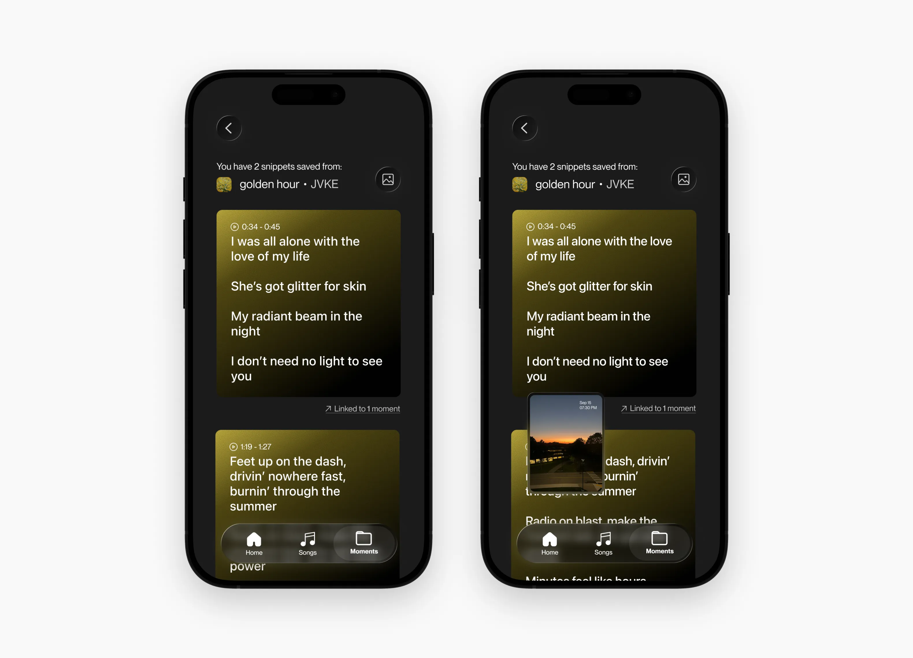 Two phones showing the lyric snippets saved from golden hour, each noting the moment it links to, with a linked photo surfacing over one.