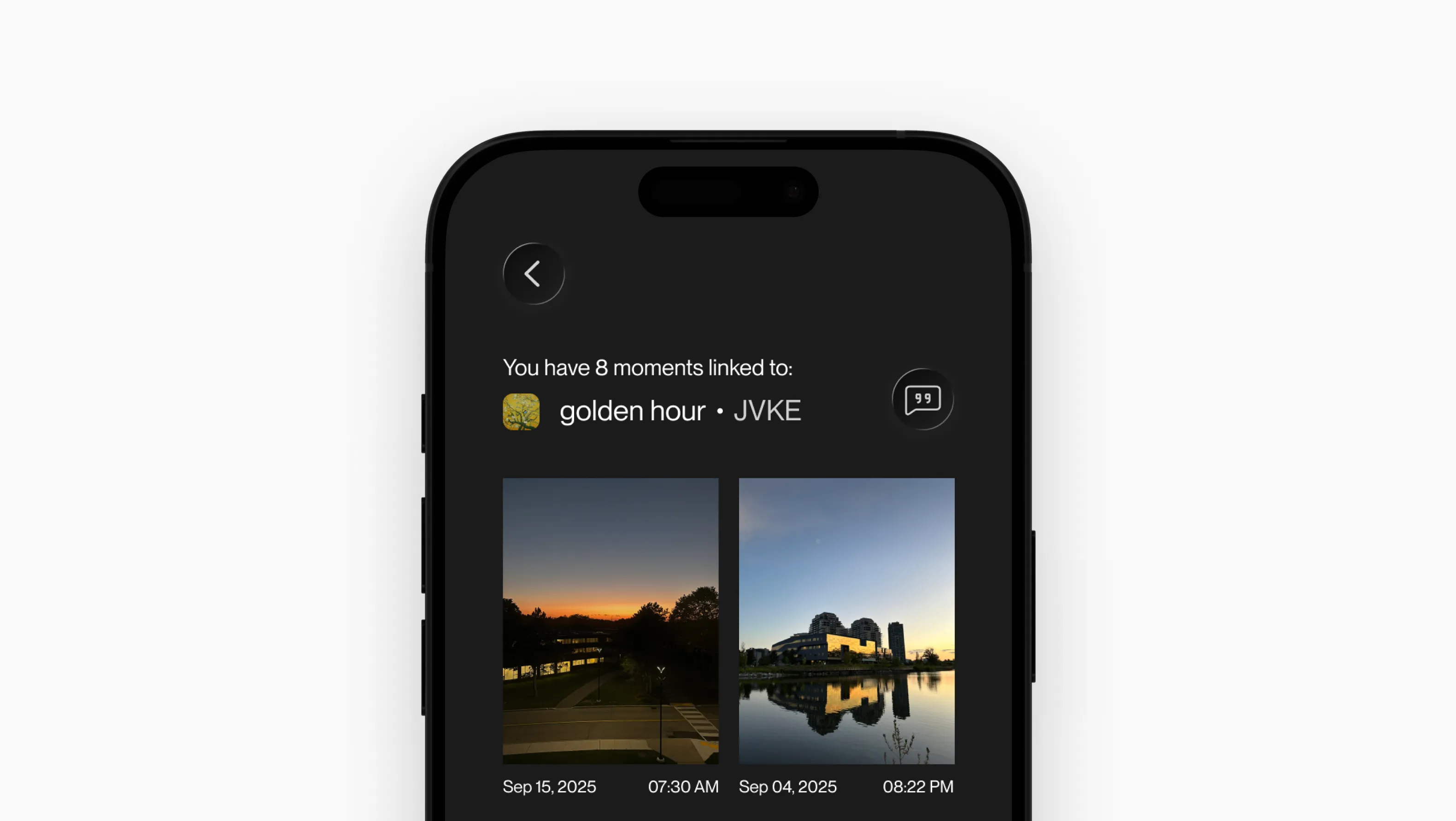 A phone showing the eight moments linked to golden hour by JVKE, each dated and timed.