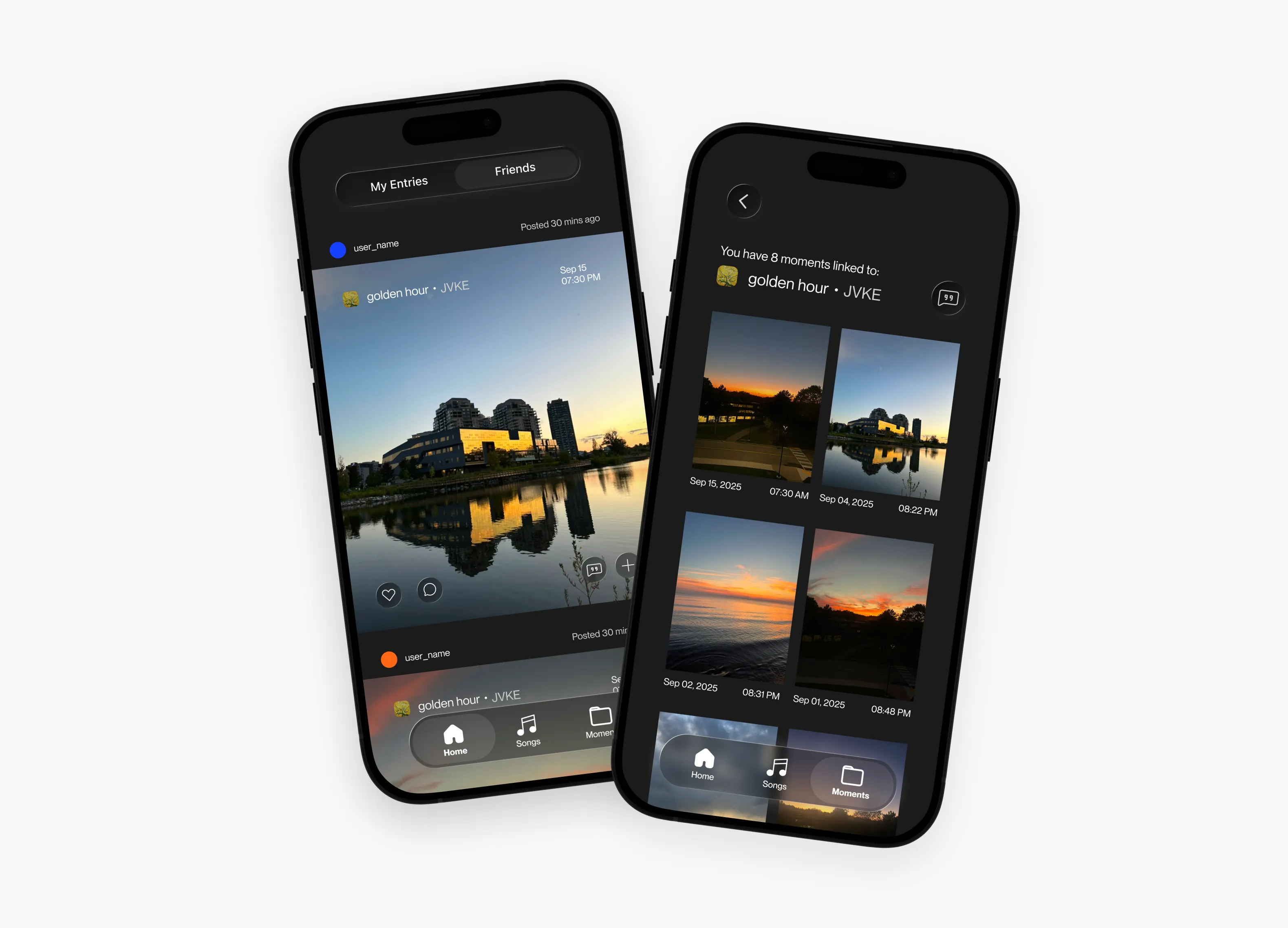 Two phones — an entries feed showing a photo tagged golden hour by JVKE, and the grid of eight moments linked to that song.