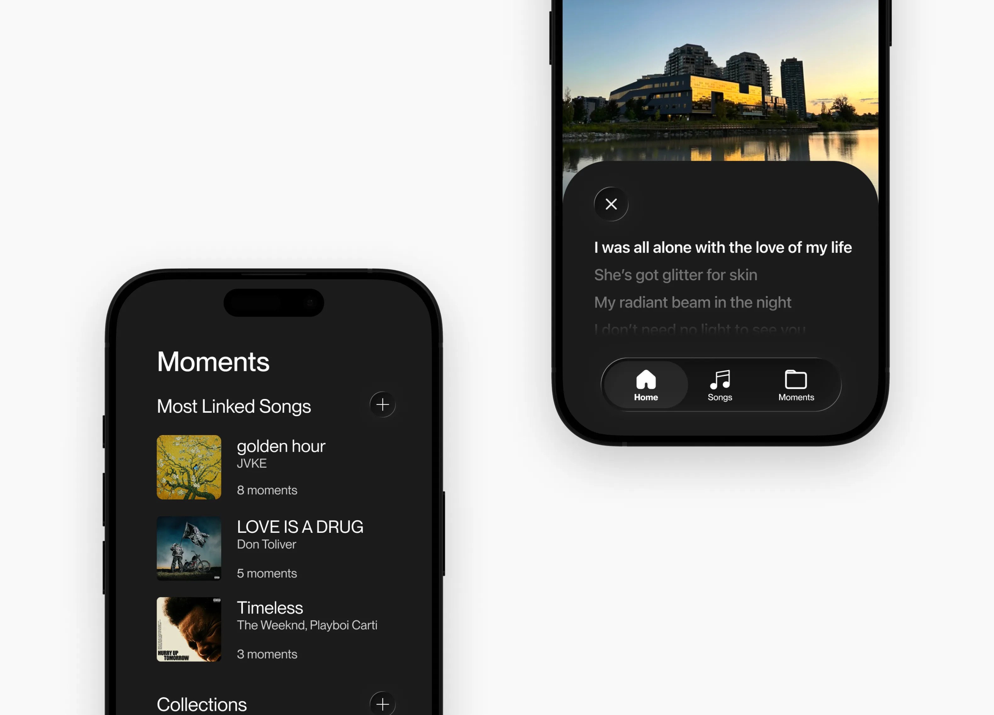 Two phones — the Moments tab listing the most linked songs with their moment counts, and a photo with the song's lyrics sliding up over it.