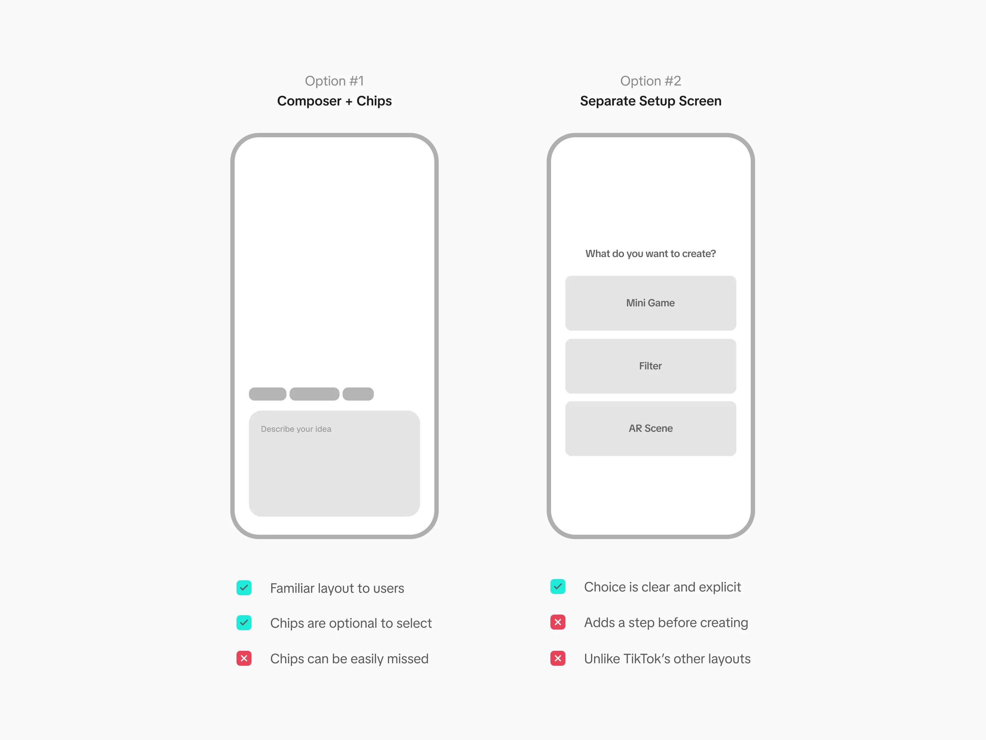 Two options compared — Composer plus chips, and a separate setup screen asking what do you want to create, with Mini Game, Filter and AR Scene — each with its pros and cons listed below.