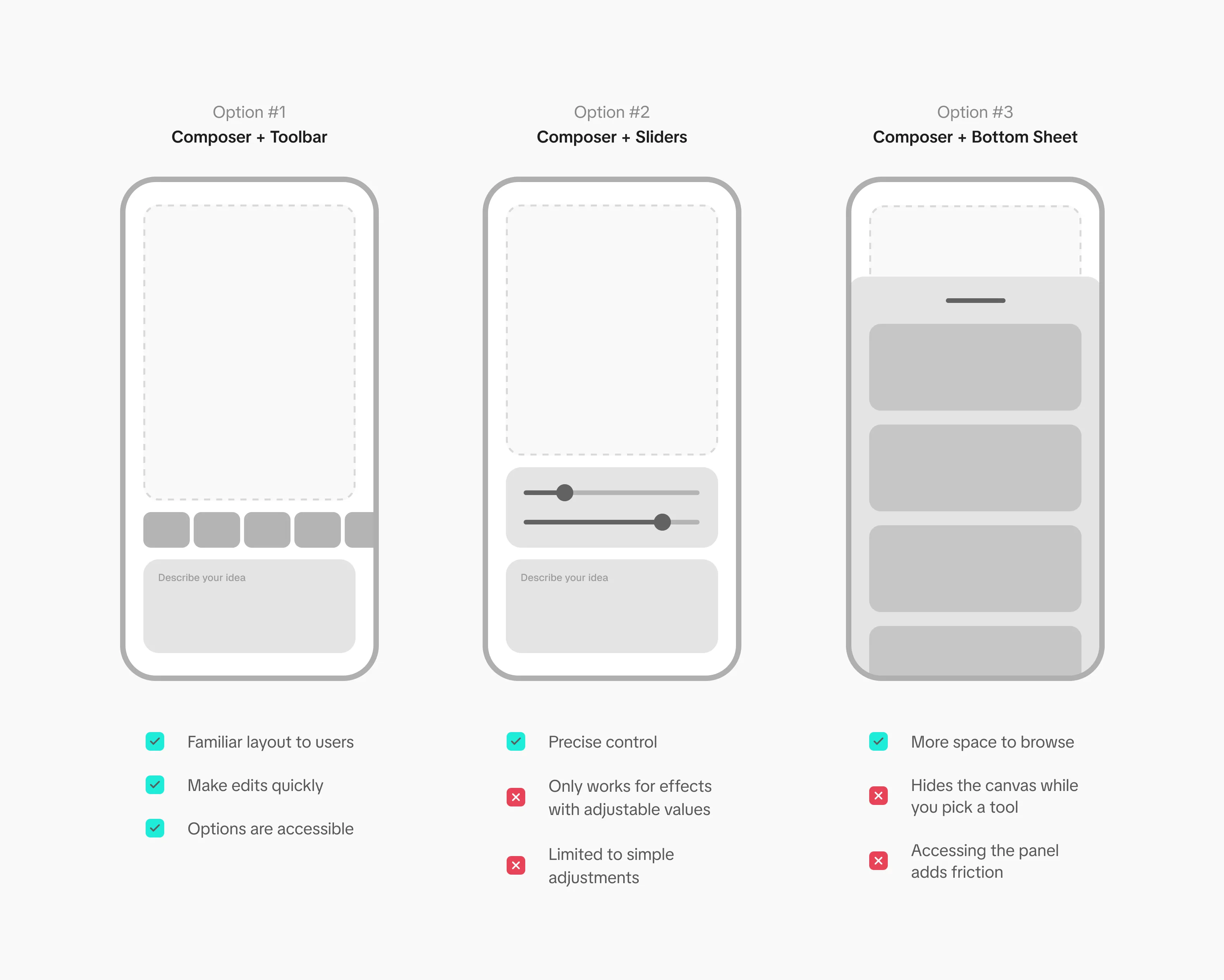 Three editing panel options compared — Composer plus toolbar, plus sliders, and plus bottom sheet — each wireframed with its pros and cons listed below.