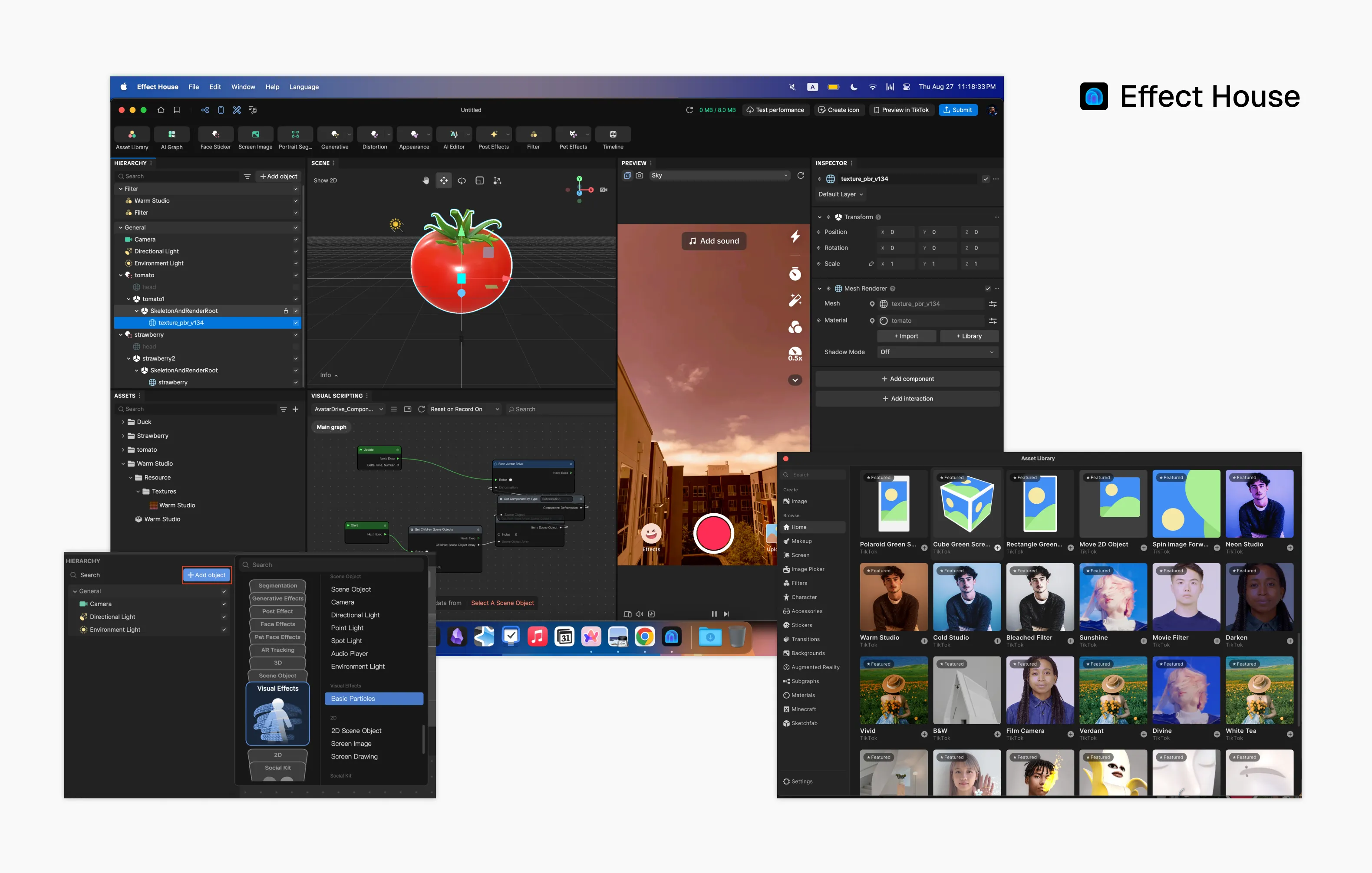 The Effect House desktop app — layer hierarchy and asset panels, a 3D scene view, the phone preview, the inspector, and the node-based visual scripting graph, with the asset library alongside.