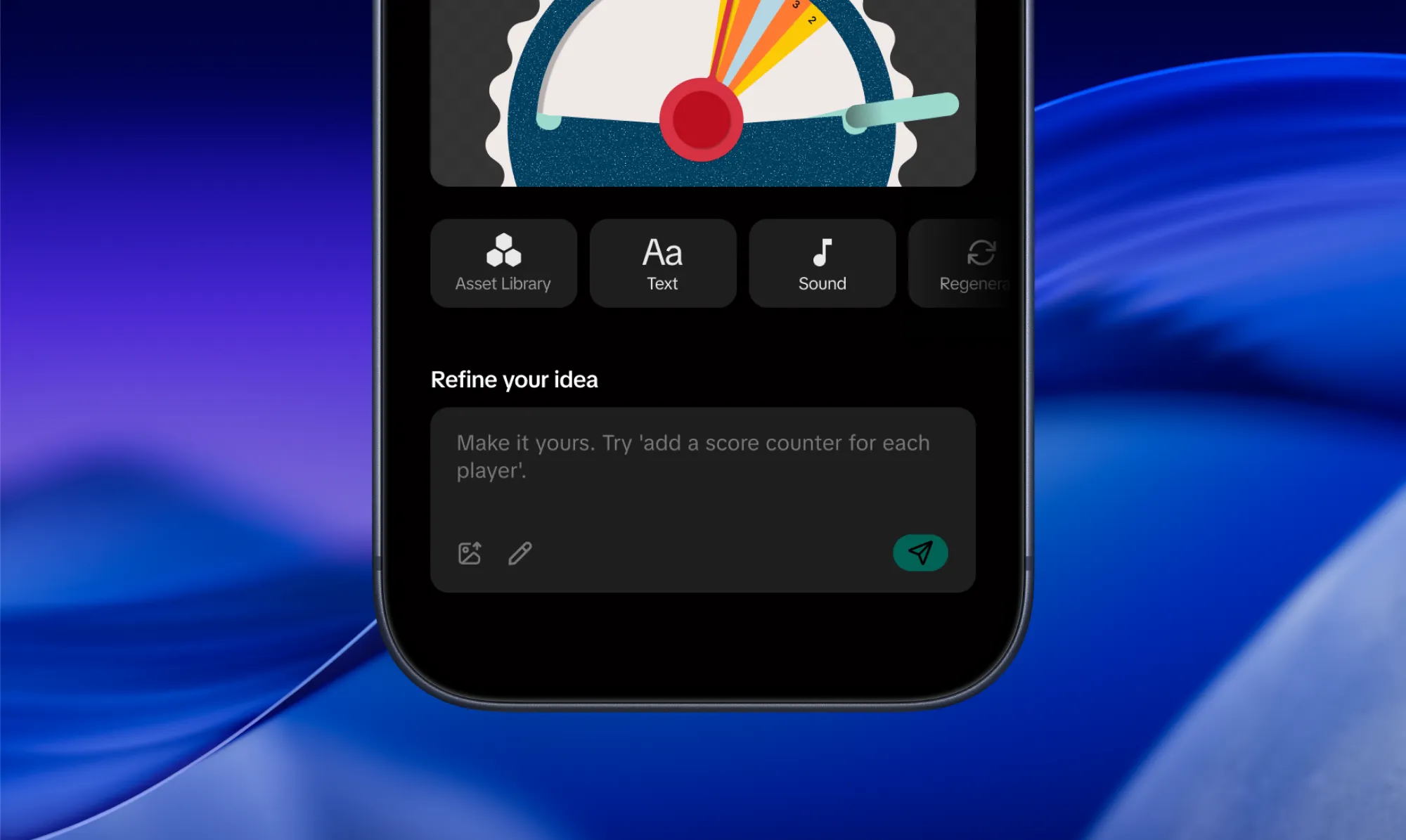 The Effect House editor on a phone: a generated spinner effect above a toolbar of Asset Library, Text, Sound and Regenerate, with a "Refine your idea" prompt field below it.