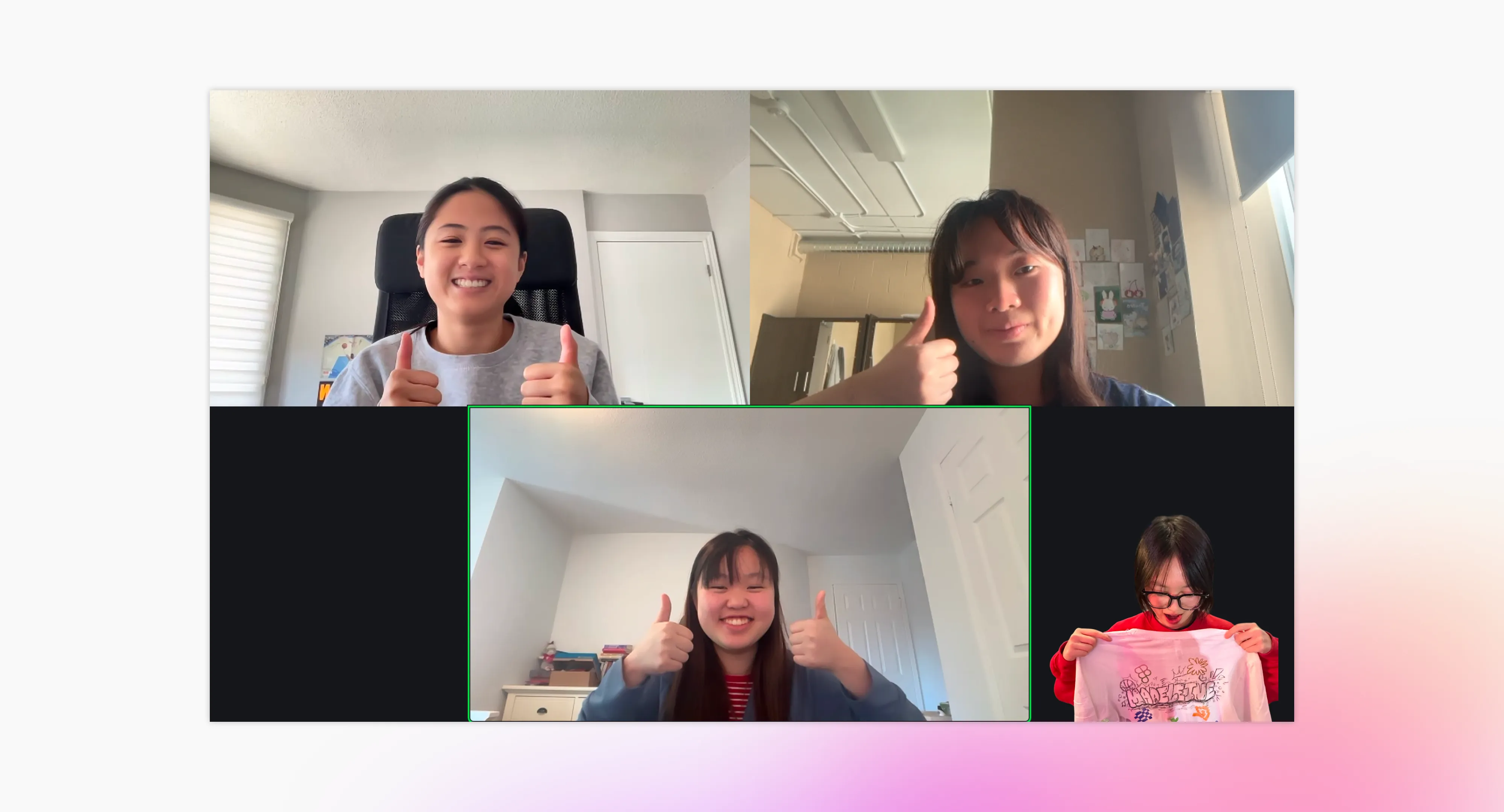 The team on a video call after the win, all giving a thumbs up, one holding up a printed shirt.