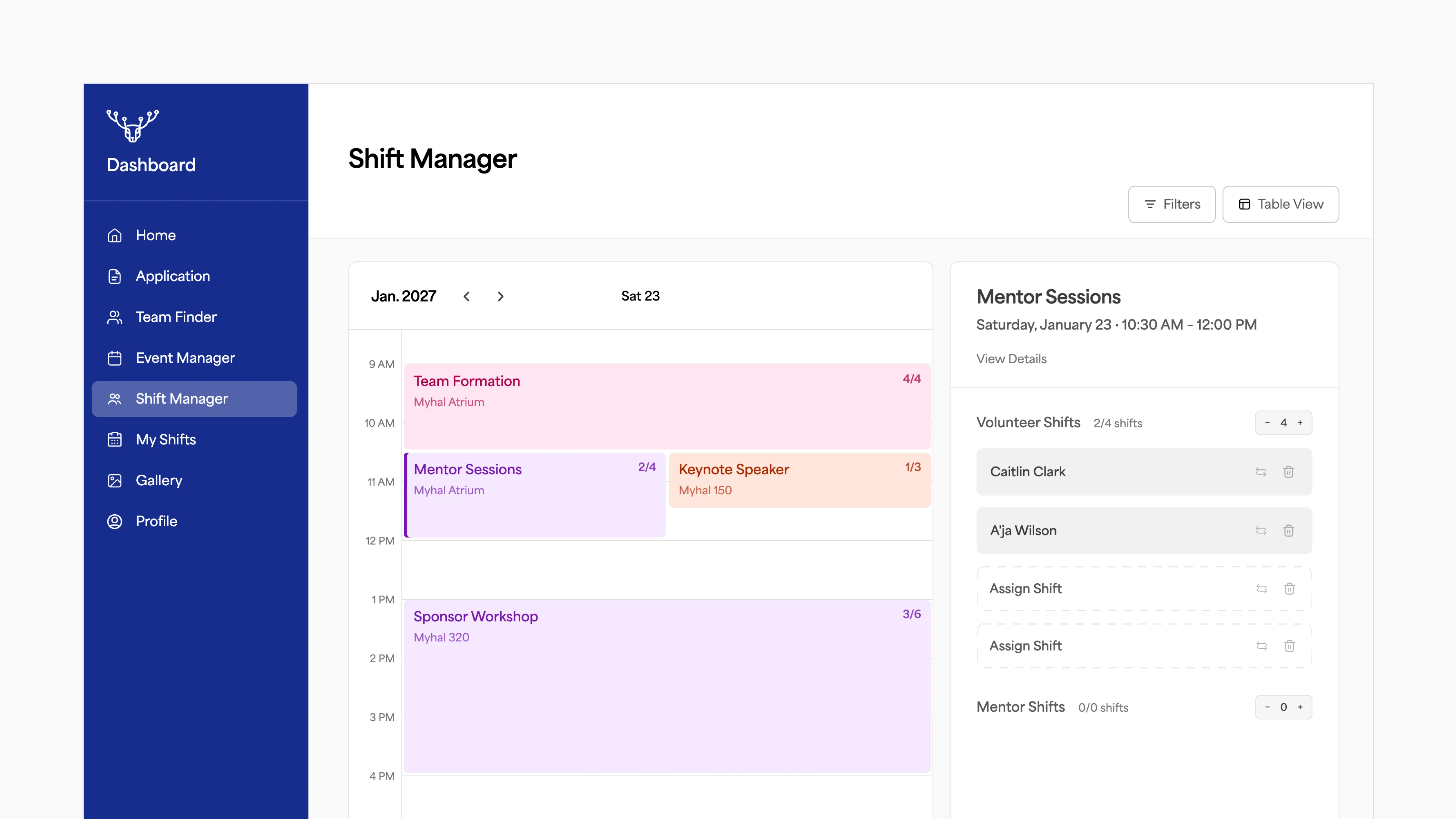 The Shift Manager portal: a calendar of shifts by event beside a panel showing volunteer and mentor shift counts for the selected event.